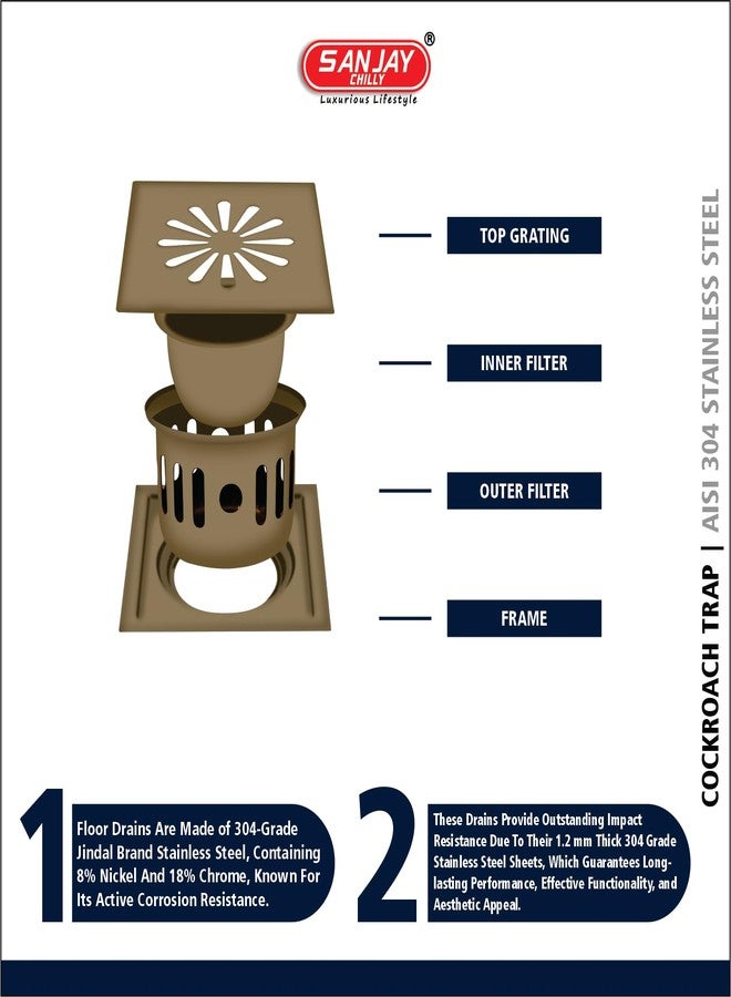 SANJAY CHILLY مصيدة صراصير أرضية مربعة من الفولاذ المقاوم للصدأ من سانجاي تشيلي، مجموعة ألوان، غطاء تصريف مياه حوض المطبخ من الدرجة 304، حماية من الحشرات والثعابين (برونز مصقول 5 × 5 بوصة) - Image 4